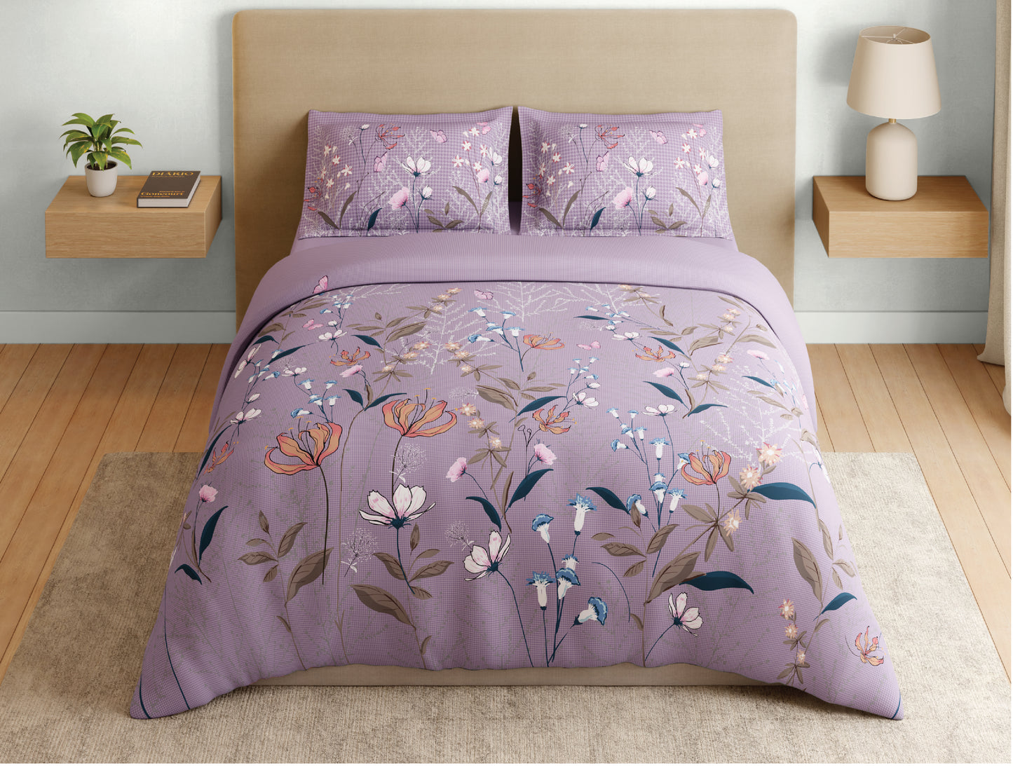 Spaces Natures Abode 100% Cotton 180 TC Percale Floral Permium Large Bedsheet with 4 Pillow Covers, Light Violet