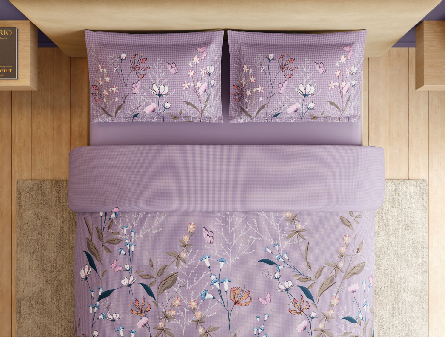 Spaces Natures Abode 100% Cotton 180 TC Percale Floral Permium Large Bedsheet with 4 Pillow Covers, Light Violet
