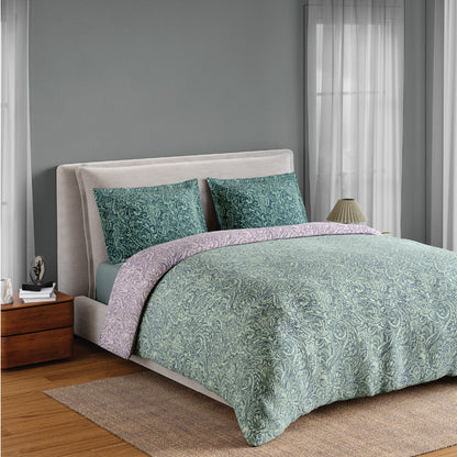 Spaces Flora 100% Cotton 144 TC Percale Floral Large Bedsheet with 2 Pillow Covers, Light Green