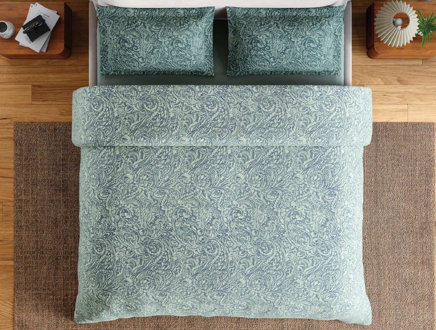 Spaces Flora 100% Cotton 144 TC Percale Floral Large Bedsheet with 2 Pillow Covers, Ice