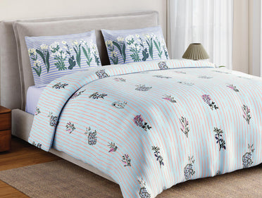 Spaces Flora 100% Cotton 144 TC Percale Floral Large Bedsheet with 2 Pillow Covers, Light Blue