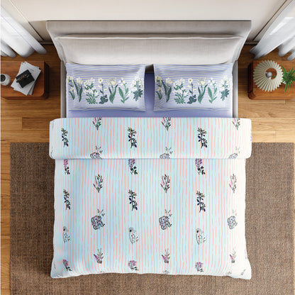 Spaces Flora 100% Cotton 144 TC Percale Floral Large Bedsheet with 2 Pillow Covers, Light Blue