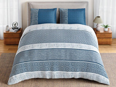 Spaces Flora 100% Cotton 144 TC Percale Geometric Large Bedsheet with 2 Pillow Covers, Dark Blue