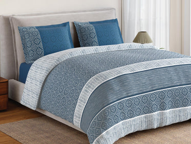 Spaces Flora 100% Cotton 144 TC Percale Geometric Large Bedsheet with 2 Pillow Covers, Dark Blue