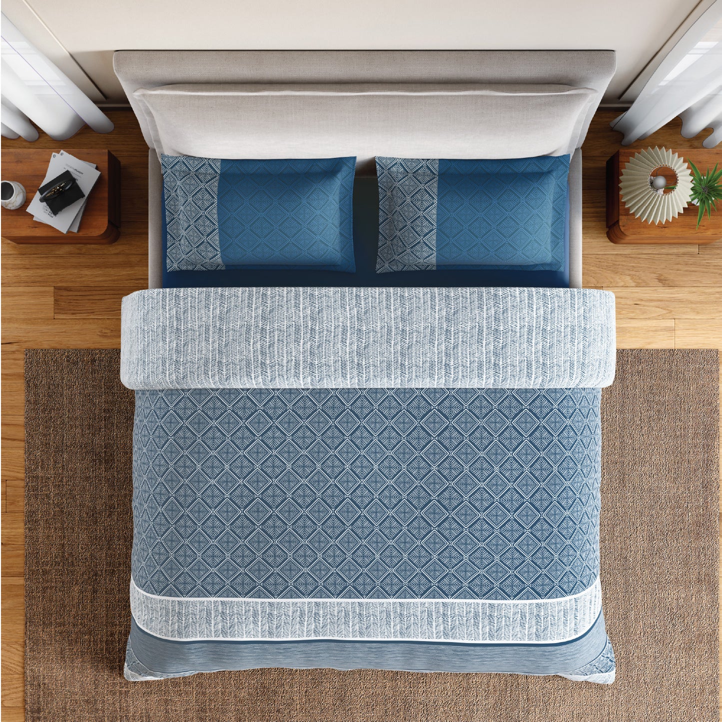 Spaces Flora 100% Cotton 144 TC Percale Geometric Large Bedsheet with 2 Pillow Covers, Dark Blue