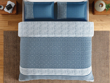 Spaces Flora 100% Cotton 144 TC Percale Geometric Large Bedsheet with 2 Pillow Covers, Dark Blue