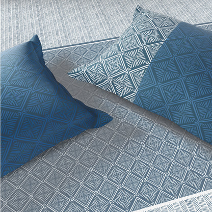 Spaces Flora 100% Cotton 144 TC Percale Geometric Large Bedsheet with 2 Pillow Covers, Dark Blue