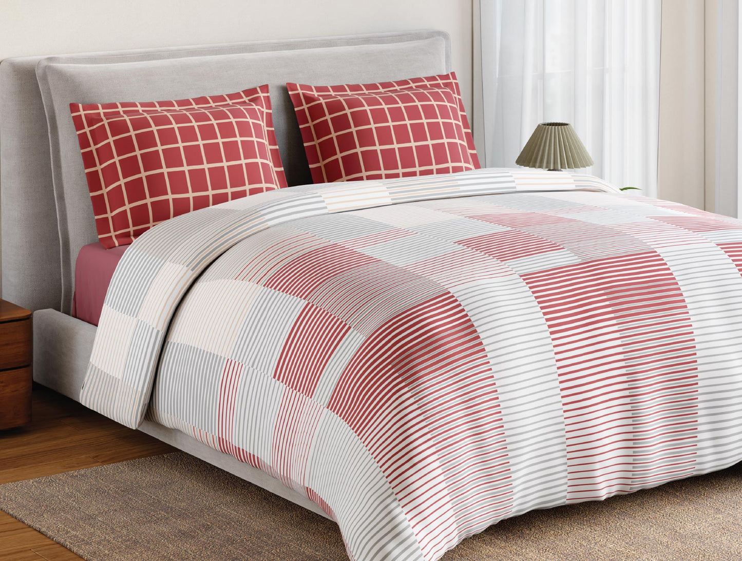 Spaces Flora 100% Cotton 144 TC Percale Geometric Large Bedsheet with 2 Pillow Covers, Dark Pink
