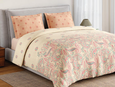Spaces Flora 100% Cotton 144 TC Percale Ornate Large Bedsheet with 2 Pillow Covers, Light Yellow