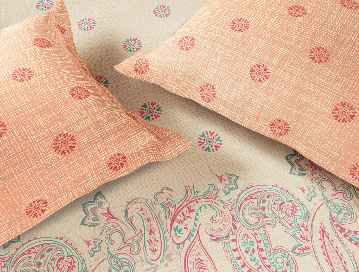 Spaces Flora 100% Cotton 144 TC Percale Ornate Large Bedsheet with 2 Pillow Covers, Light Yellow