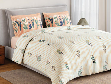 Spaces Flora 100% Cotton 144 TC Percale Floral Large Bedsheet with 2 Pillow Covers, Beige