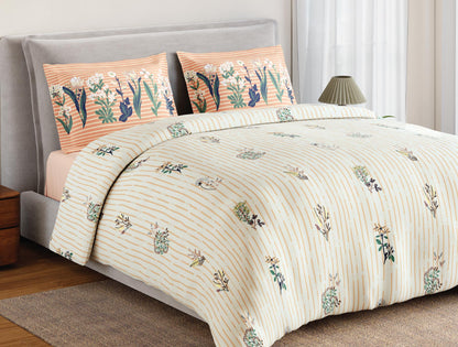Spaces Flora 100% Cotton 144 TC Percale Floral Large Bedsheet with 2 Pillow Covers, Beige