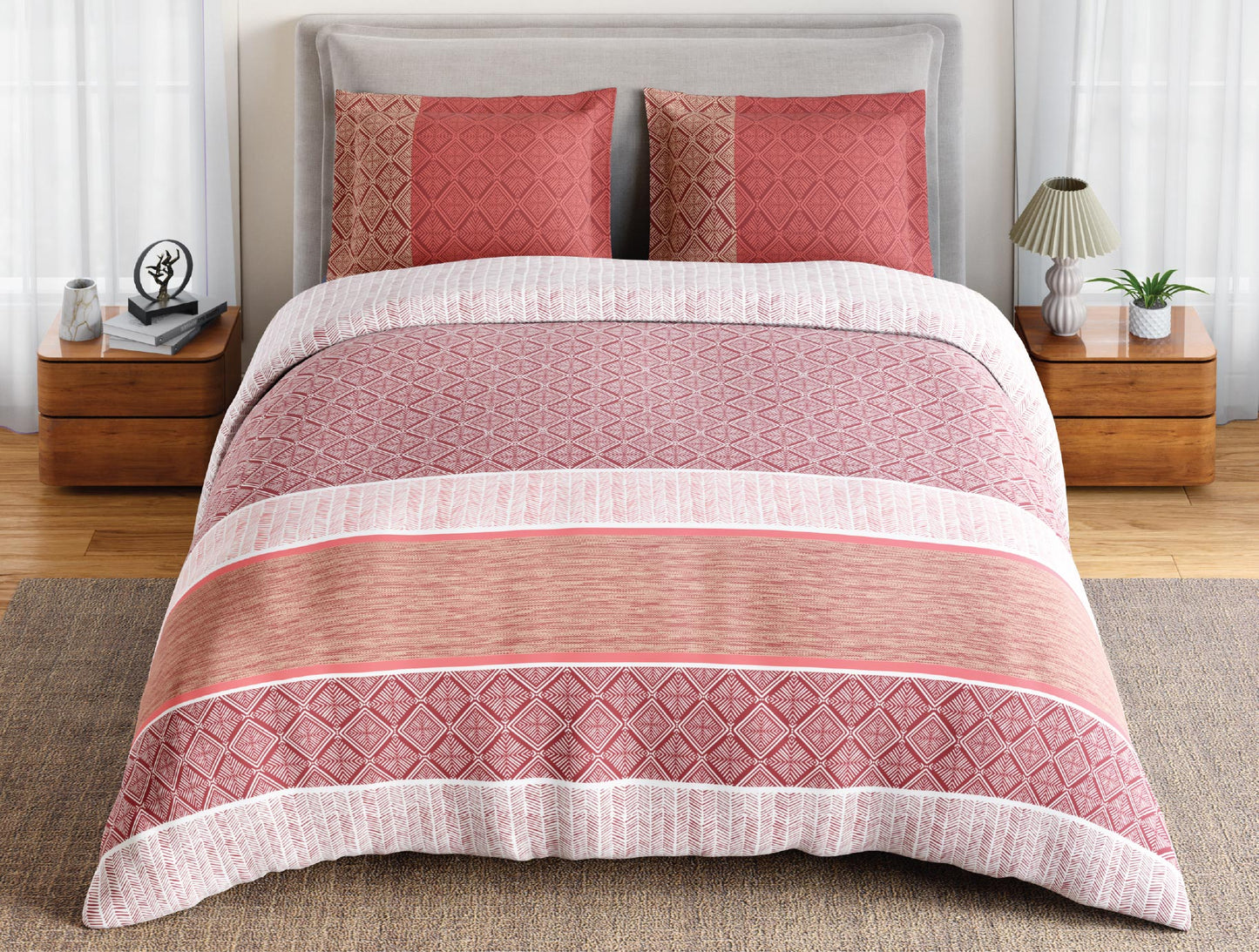 Spaces Flora 100% Cotton 144 TC Percale Geometric Large Bedsheet with 2 Pillow Covers, Light Red