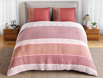 Spaces Flora 100% Cotton 144 TC Percale Geometric Large Bedsheet with 2 Pillow Covers, Light Red