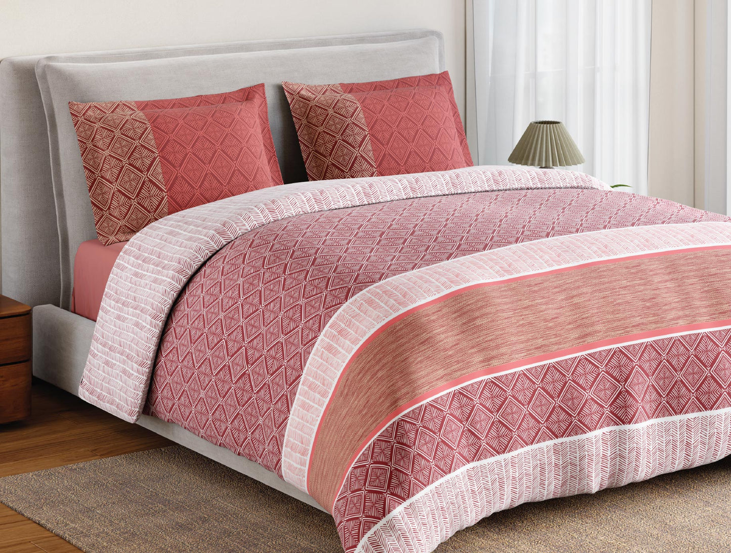 Spaces Flora 100% Cotton 144 TC Percale Geometric Large Bedsheet with 2 Pillow Covers, Light Red
