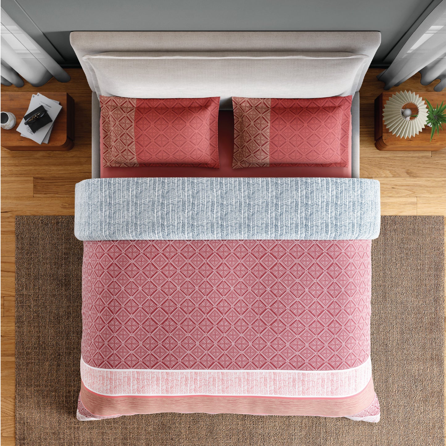 Spaces Flora 100% Cotton 144 TC Percale Geometric Large Bedsheet with 2 Pillow Covers, Light Red