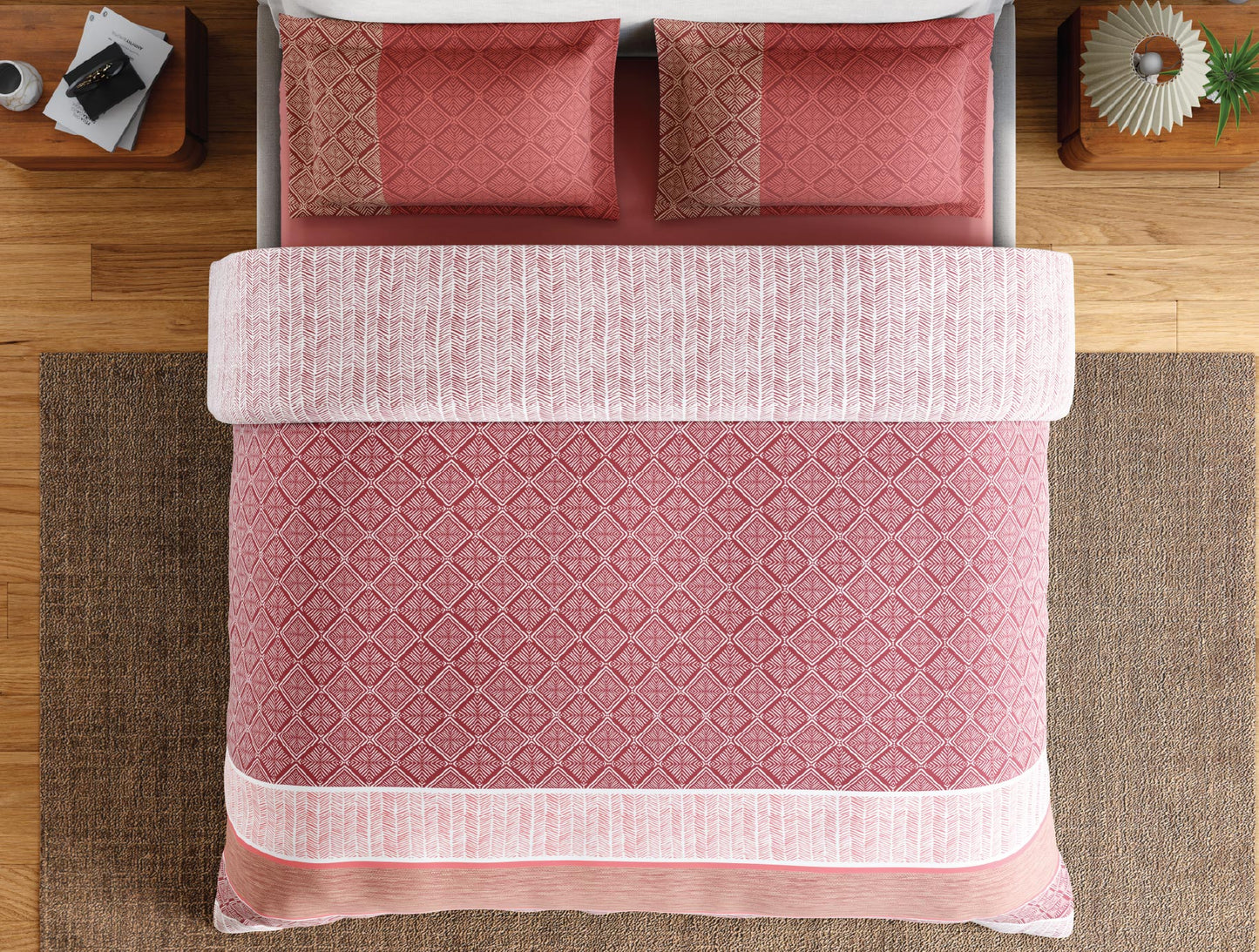 Spaces Flora 100% Cotton 144 TC Percale Geometric Large Bedsheet with 2 Pillow Covers, Light Red