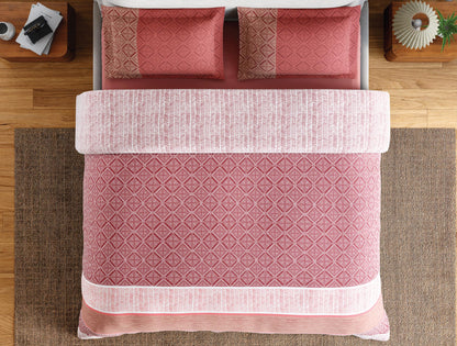 Spaces Flora 100% Cotton 144 TC Percale Geometric Large Bedsheet with 2 Pillow Covers, Light Red