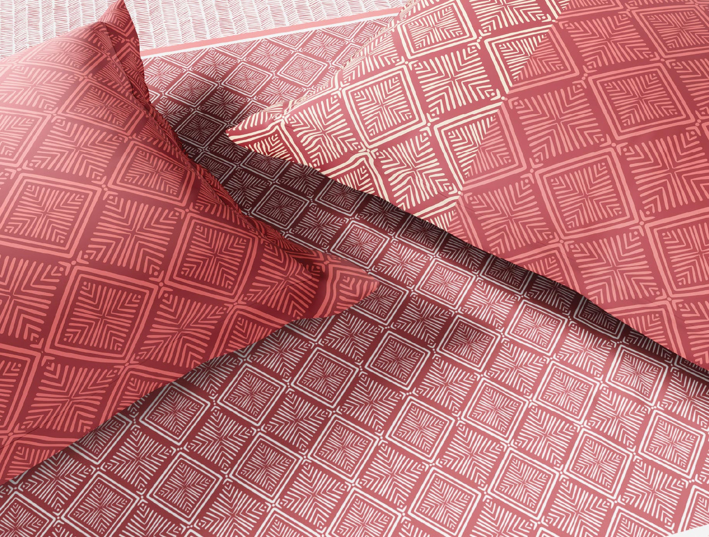 Spaces Flora 100% Cotton 144 TC Percale Geometric Large Bedsheet with 2 Pillow Covers, Light Red