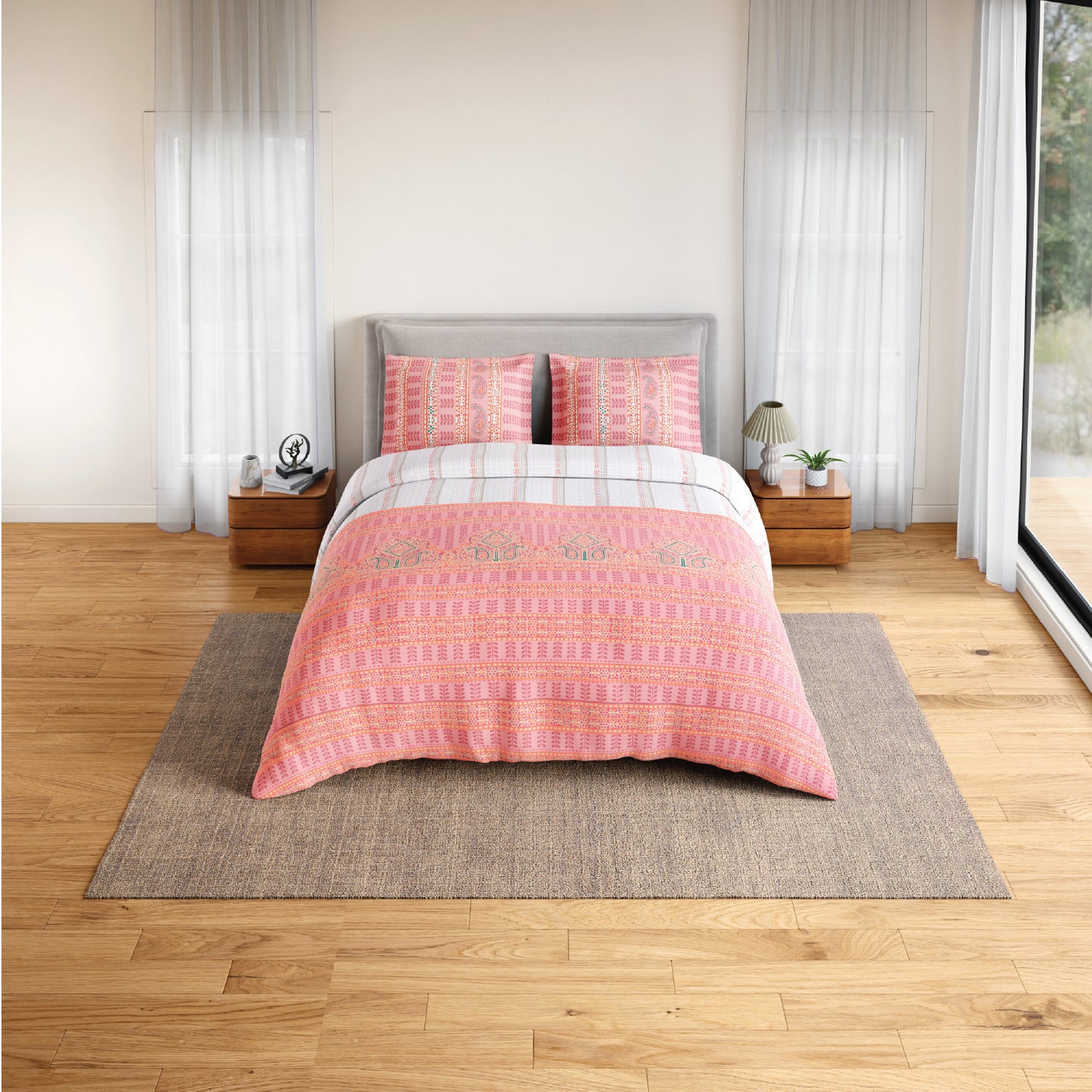 Spaces Flora 100% Cotton 144 TC Percale Ornate Large Bedsheet with 2 Pillow Covers, Pink