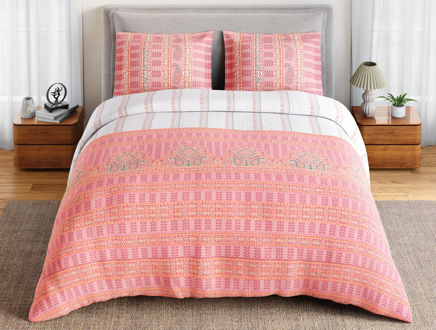 Spaces Flora 100% Cotton 144 TC Percale Ornate Large Bedsheet with 2 Pillow Covers, Pink