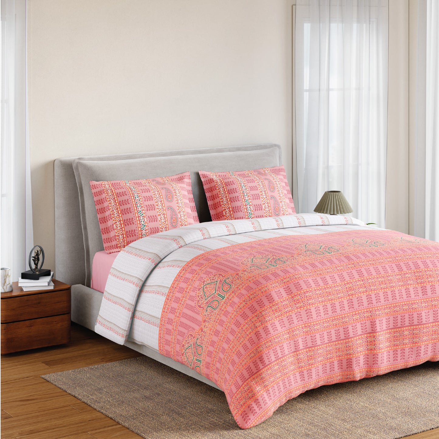 Spaces Flora 100% Cotton 144 TC Percale Ornate Large Bedsheet with 2 Pillow Covers, Pink