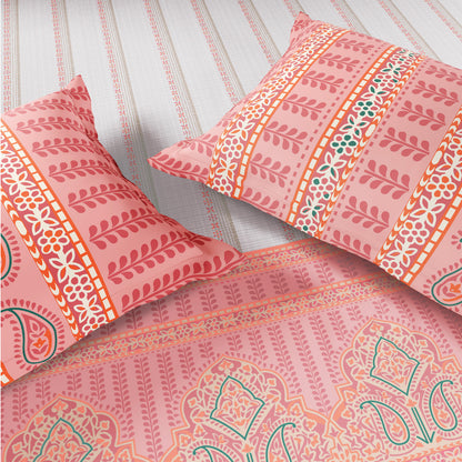 Spaces Flora 100% Cotton 144 TC Percale Ornate Large Bedsheet with 2 Pillow Covers, Pink