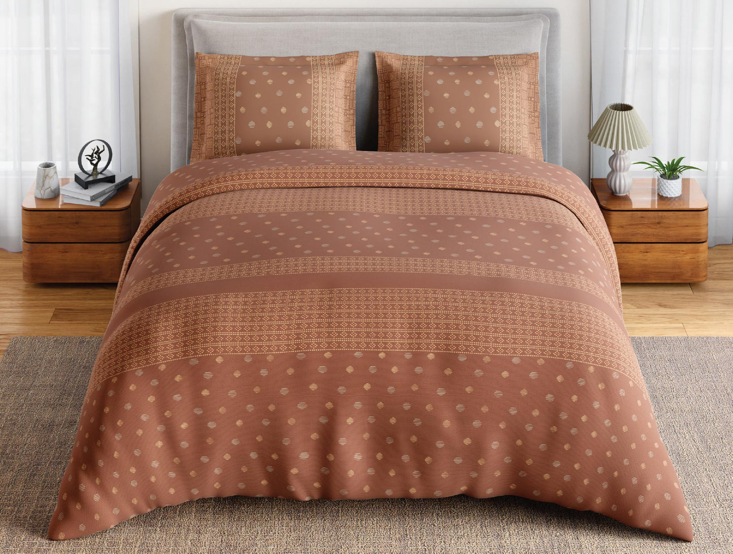 Spaces Flora 100% Cotton 144 TC Percale Ornate Large Bedsheet with 2 Pillow Covers, Brown