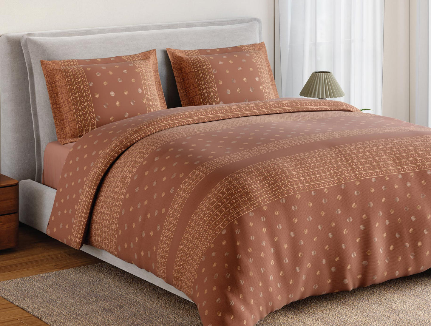 Spaces Flora 100% Cotton 144 TC Percale Ornate Large Bedsheet with 2 Pillow Covers, Brown