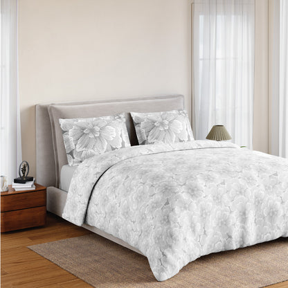 Spaces Flora 100% Cotton 144 TC Percale Floral Large Bedsheet with 2 Pillow Covers, Light Grey