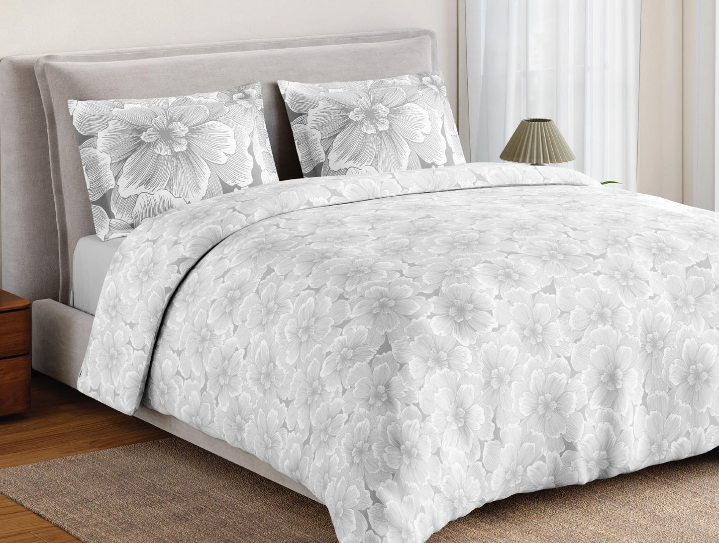 Spaces Flora 100% Cotton 144 TC Percale Floral Large Bedsheet with 2 Pillow Covers, Light Grey