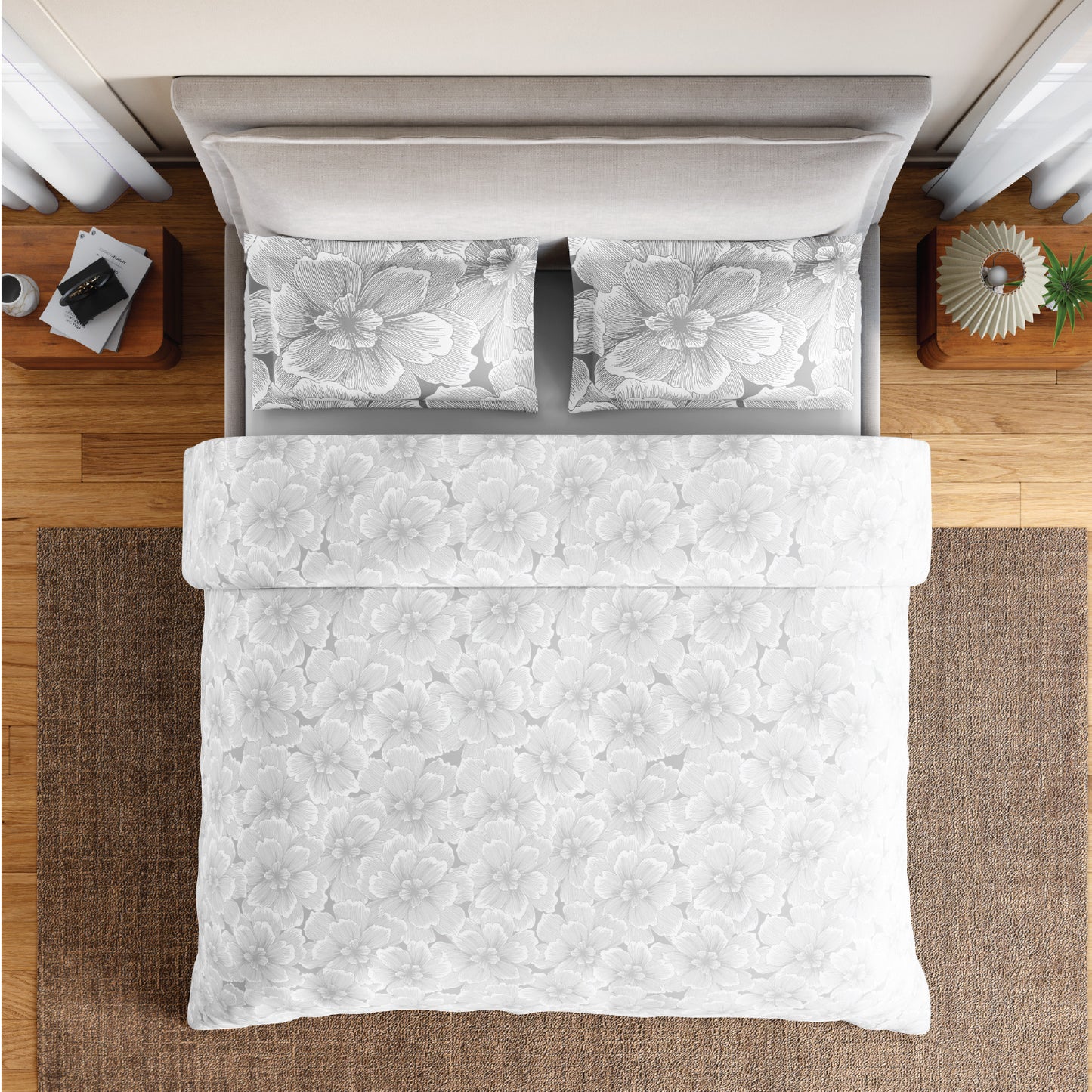 Spaces Flora 100% Cotton 144 TC Percale Floral Large Bedsheet with 2 Pillow Covers, Light Grey