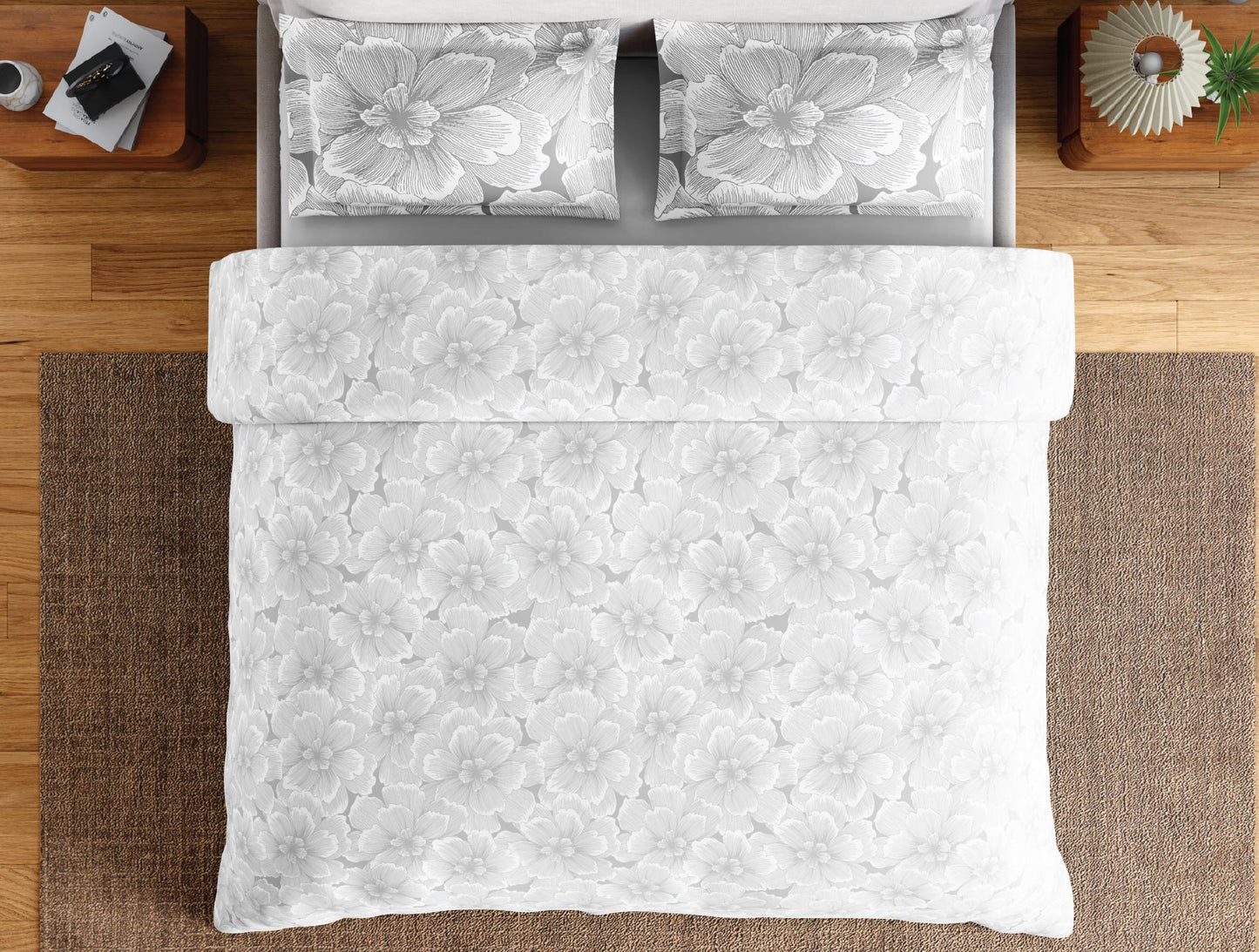 Spaces Flora 100% Cotton 144 TC Percale Floral Large Bedsheet with 2 Pillow Covers, Light Grey