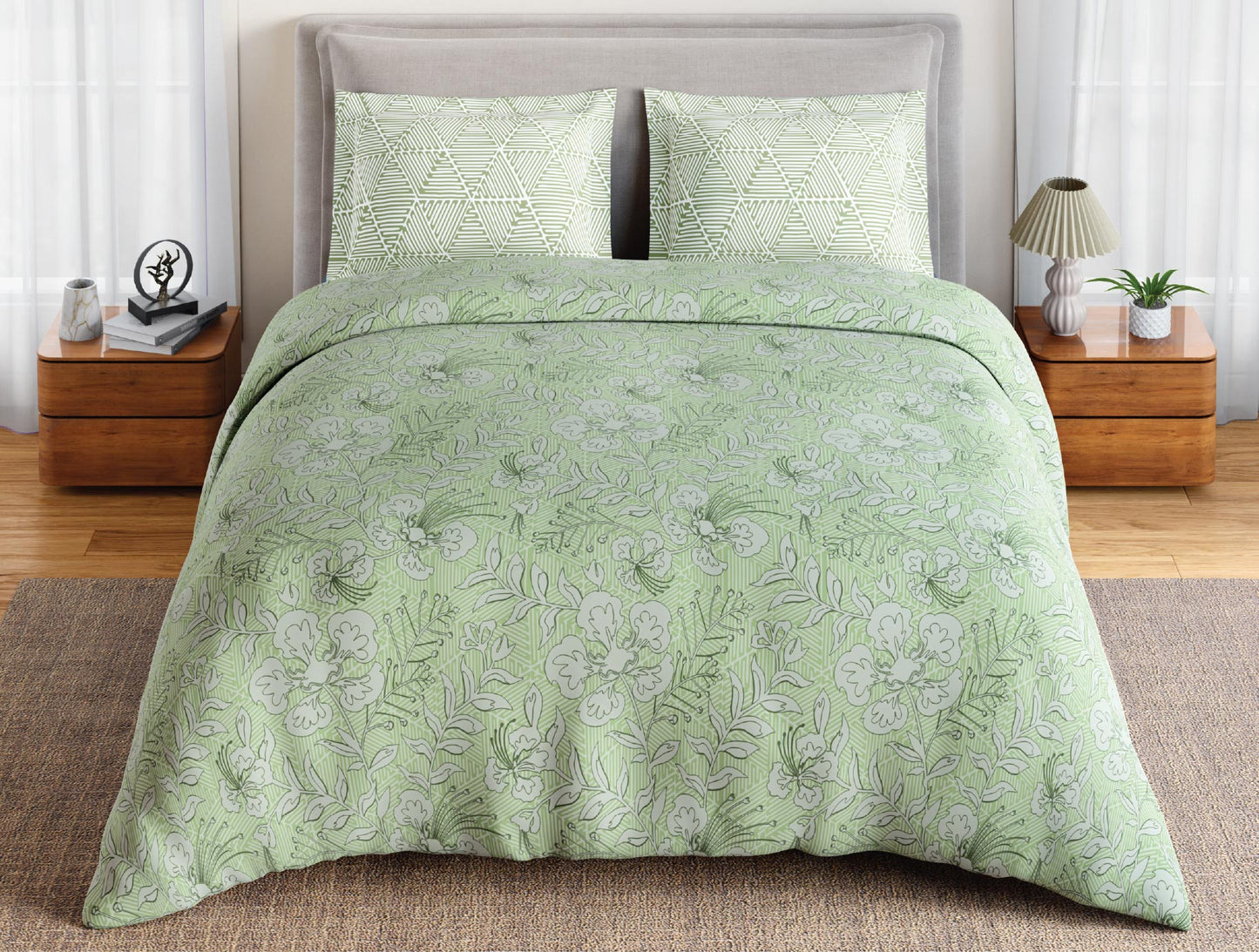 Spaces Flora 100% Cotton 144 TC Percale Floral Large Bedsheet with 2 Pillow Covers, Light Green