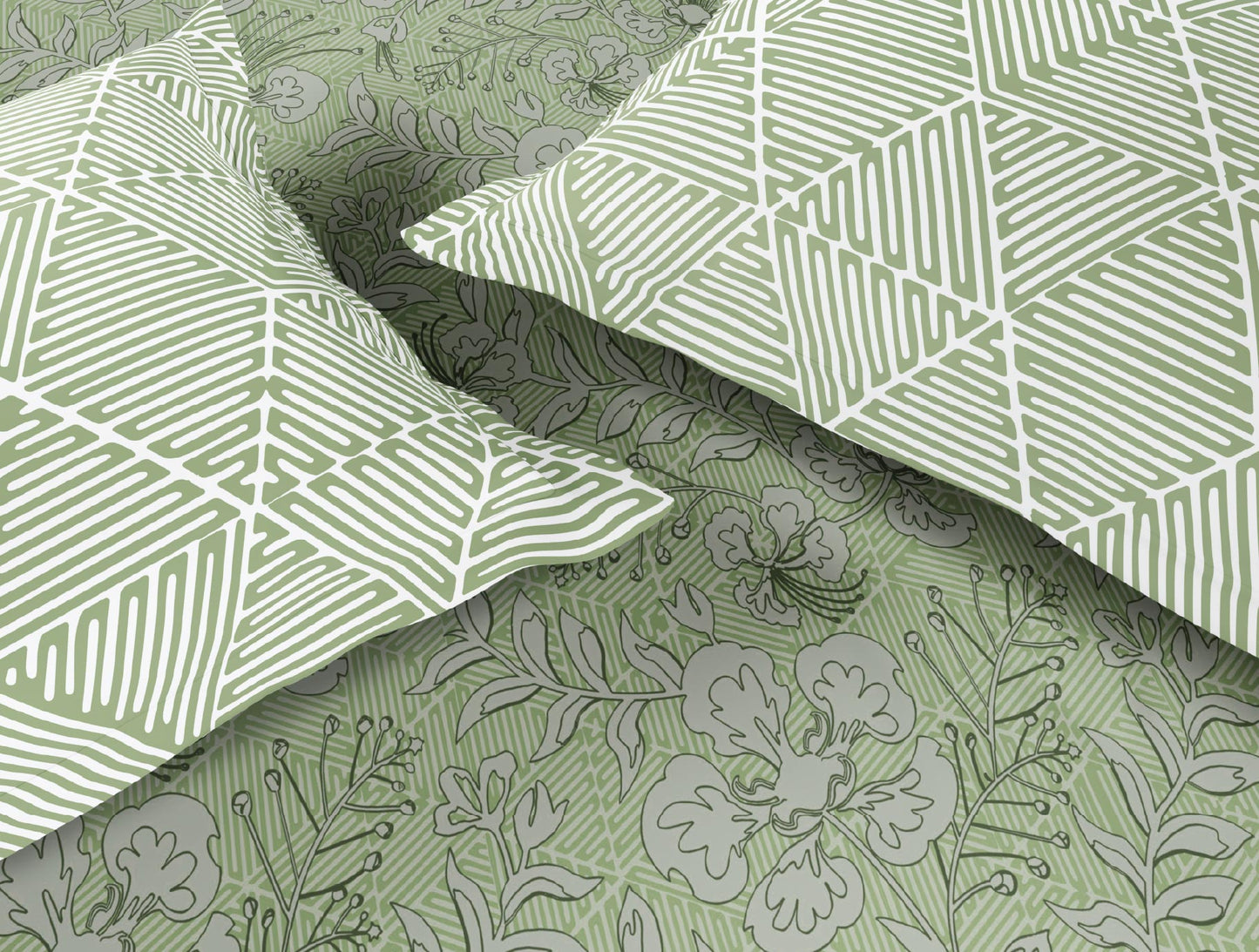 Spaces Flora 100% Cotton 144 TC Percale Floral Large Bedsheet with 2 Pillow Covers, Light Green