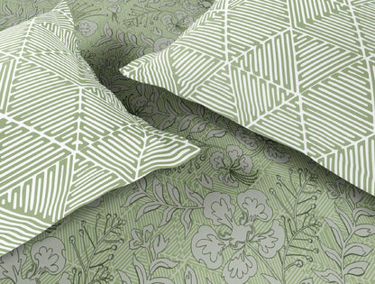 Spaces Flora 100% Cotton 144 TC Percale Floral Large Bedsheet with 2 Pillow Covers, Light Green