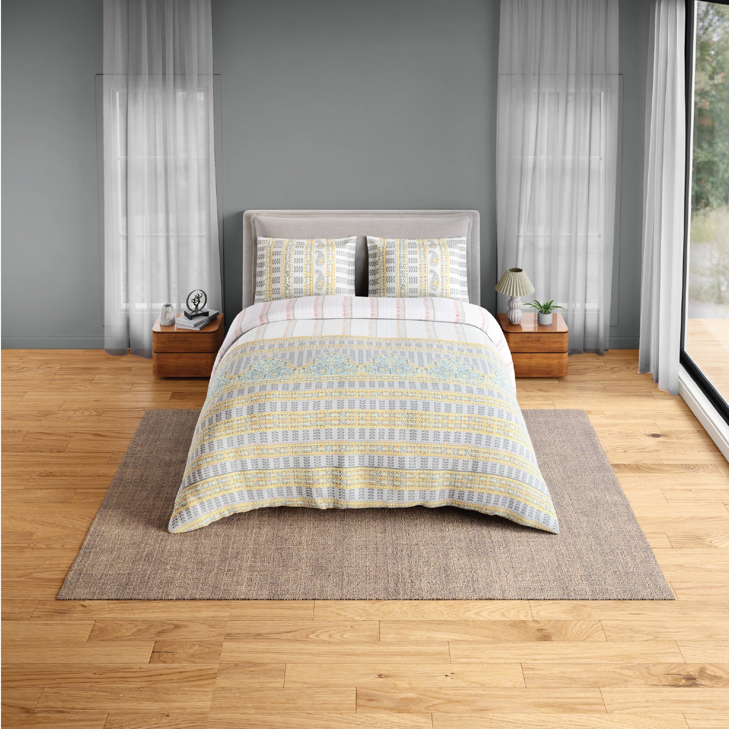 Spaces Flora 100% Cotton 144 TC Percale Ornate Large Bedsheet with 2 Pillow Covers, Light Grey