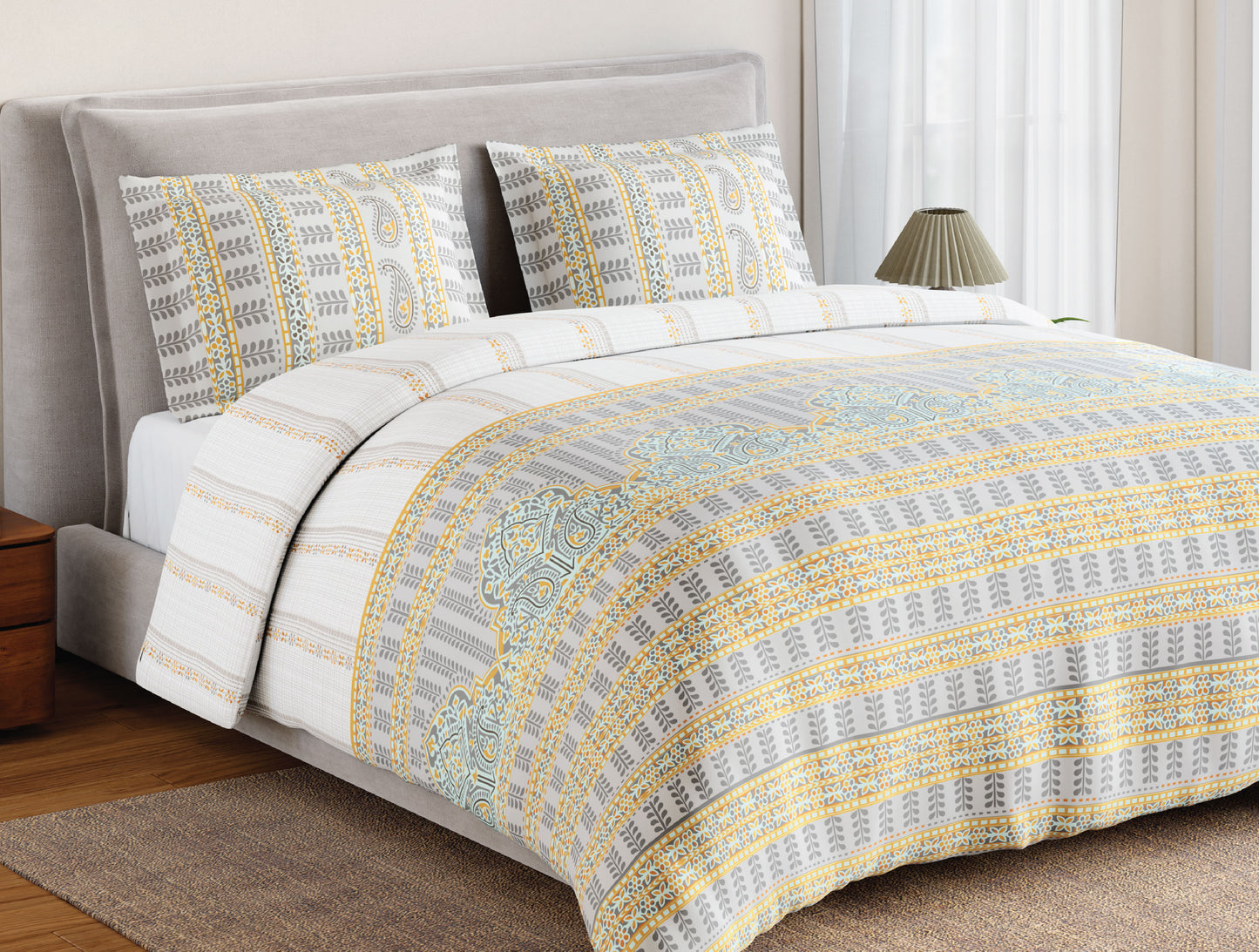 Spaces Flora 100% Cotton 144 TC Percale Ornate Large Bedsheet with 2 Pillow Covers, Light Grey