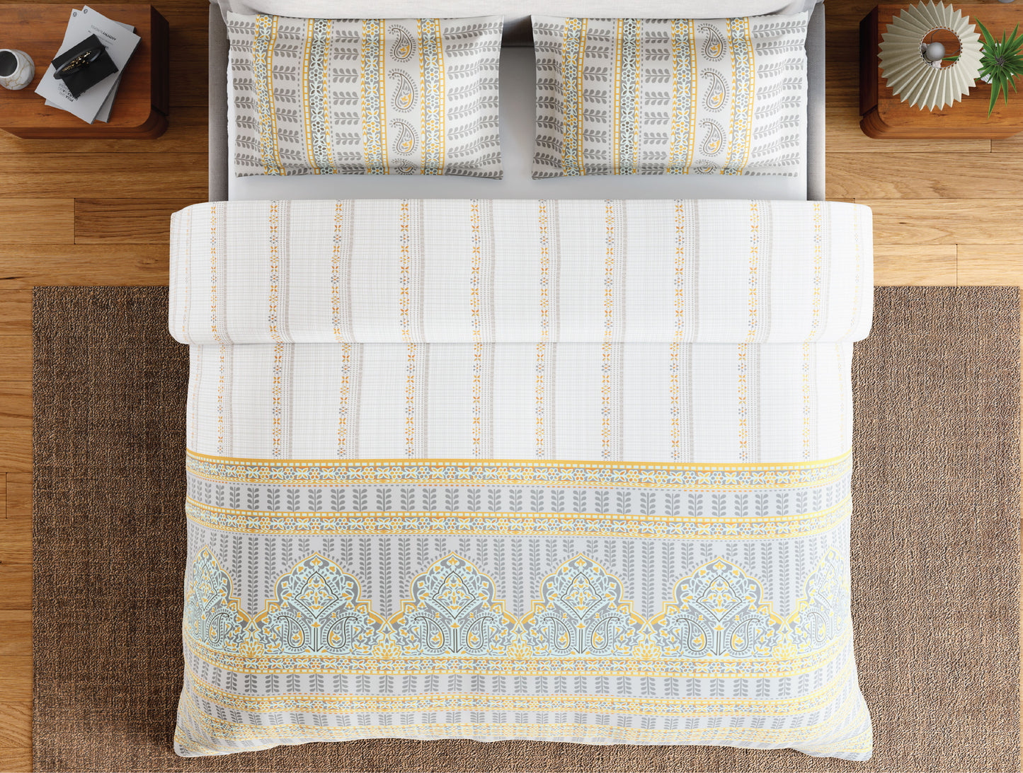Spaces Flora 100% Cotton 144 TC Percale Ornate Large Bedsheet with 2 Pillow Covers, Light Grey
