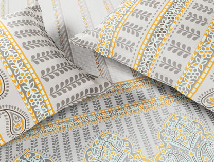 Spaces Flora 100% Cotton 144 TC Percale Ornate Large Bedsheet with 2 Pillow Covers, Light Grey