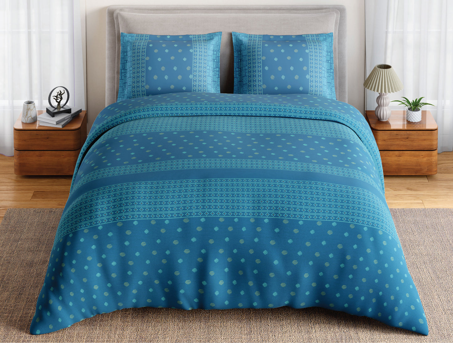 Spaces Flora 100% Cotton 144 TC Percale Ornate Large Bedsheet with 2 Pillow Covers, Blue