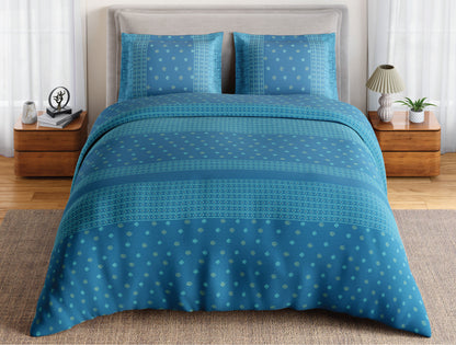 Spaces Flora 100% Cotton 144 TC Percale Ornate Large Bedsheet with 2 Pillow Covers, Blue