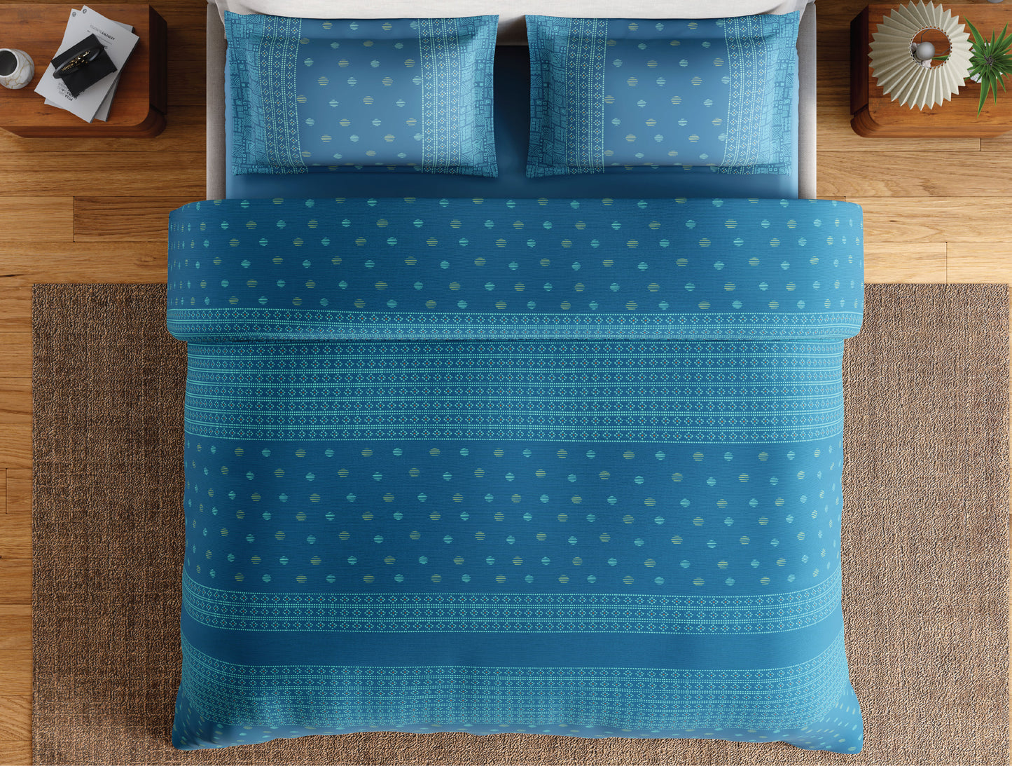 Spaces Flora 100% Cotton 144 TC Percale Ornate Large Bedsheet with 2 Pillow Covers, Blue
