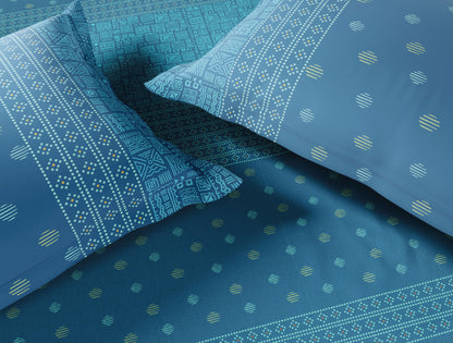 Spaces Flora 100% Cotton 144 TC Percale Ornate Large Bedsheet with 2 Pillow Covers, Blue