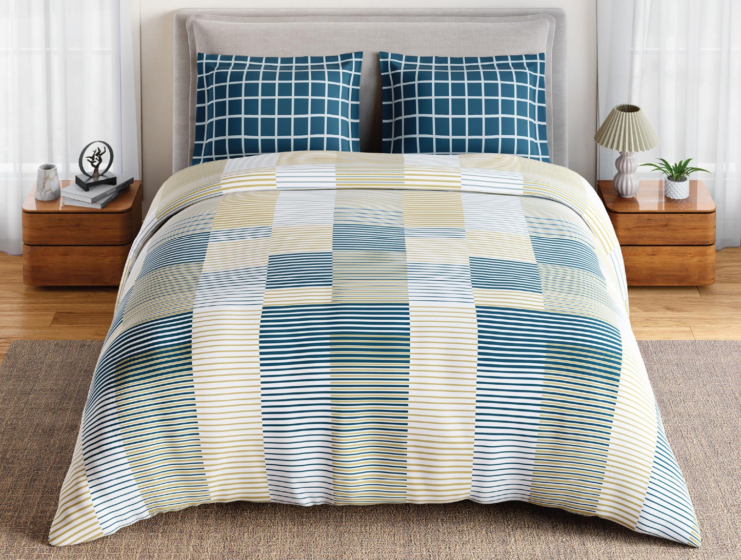 Spaces Flora 100% Cotton 144 TC Percale Geometric Double Bedsheet with 2 Pillow Covers, Light Yellow