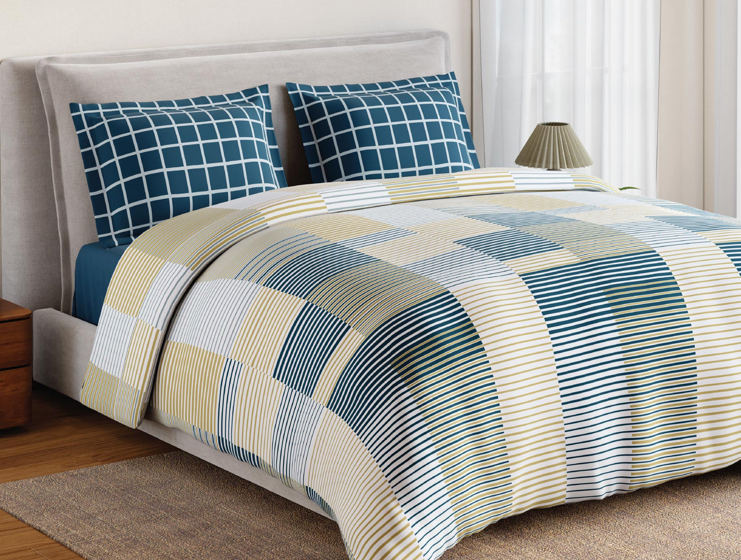 Spaces Flora 100% Cotton 144 TC Percale Geometric Double Bedsheet with 2 Pillow Covers, Light Yellow