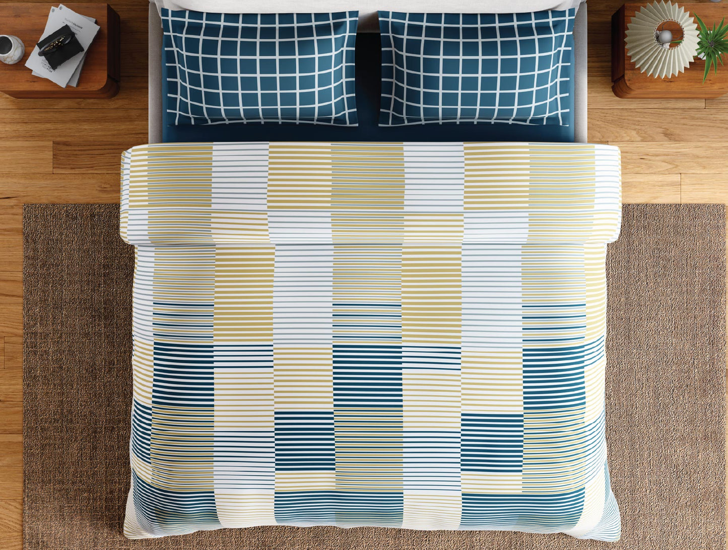 Spaces Flora 100% Cotton 144 TC Percale Geometric Double Bedsheet with 2 Pillow Covers, Light Yellow