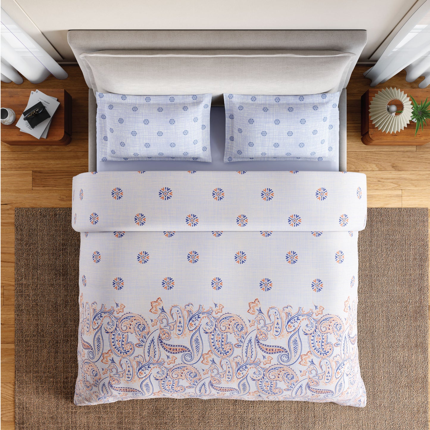 Spaces Flora 100% Cotton 144 TC Percale Ornate Double Bedsheet with 2 Pillow Covers, Orange