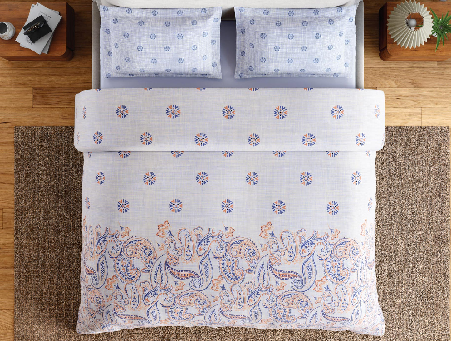 Spaces Flora 100% Cotton 144 TC Percale Ornate Double Bedsheet with 2 Pillow Covers, Orange