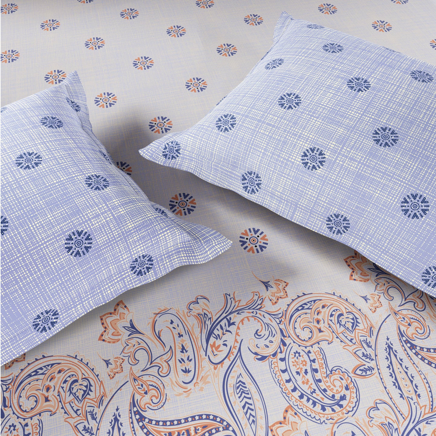 Spaces Flora 100% Cotton 144 TC Percale Ornate Double Bedsheet with 2 Pillow Covers, Orange
